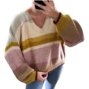 Colorful Striped Women's Boxy V-Neck Oversized Sweater Large Balloon Sleeve